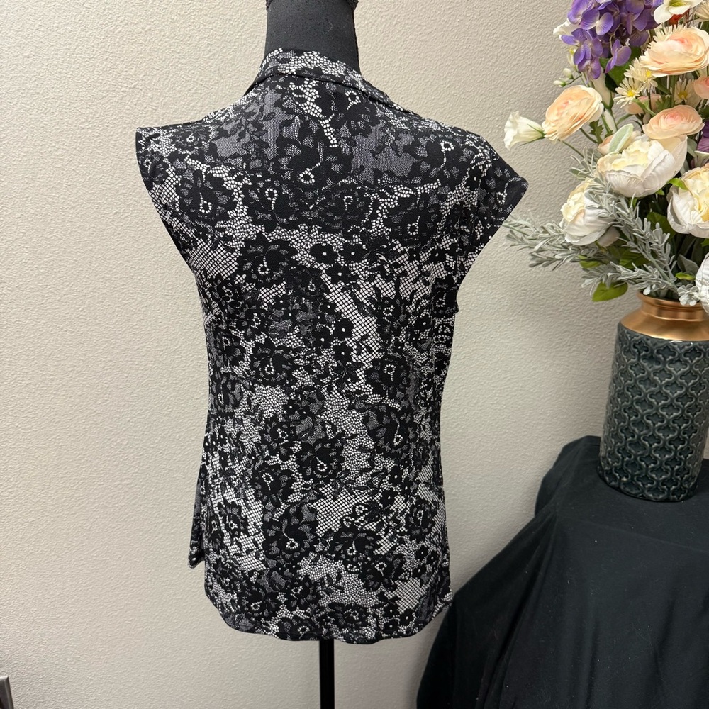 Ann Taylor Black White Lace Print Cowl Neck Blouse Medium | Work Office Top - Picture 3 of 7
